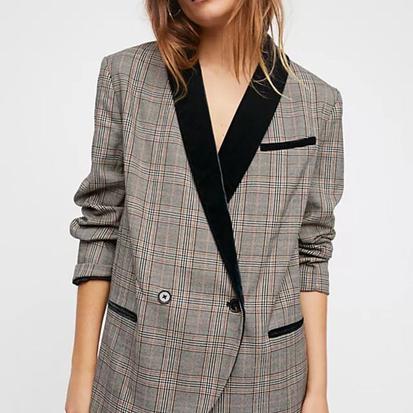 Free People Check Plaid Black Velvet Blazer Jacket - Picture 1 of 4